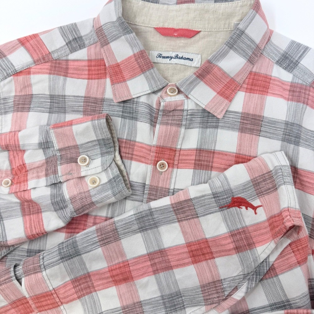 Tommy Bahama Mens Large Plaid Button Down Shirt‎ Coral Grey Long Sleeve Marlin